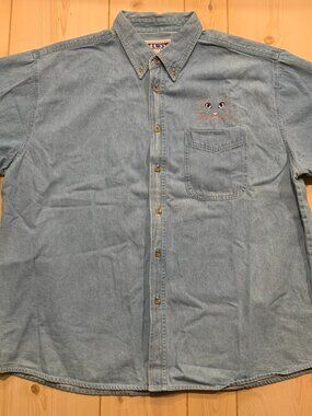 Vintage Y2K Won's Wear Embroidered Cat Kitty Retro Button-Down Denim Shirt 2XL